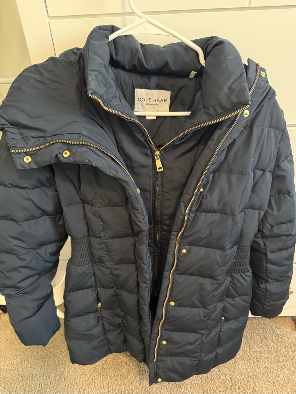 Cole Haan Navy Quilted Down-Style Puffer Jacket with Gold Hardware